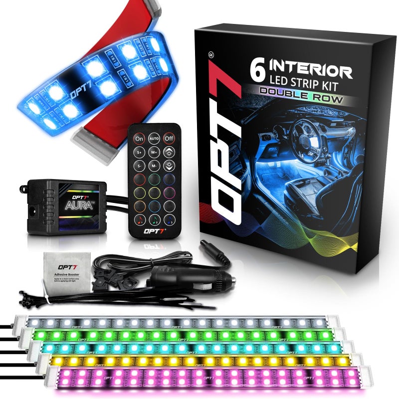 OPT7 Aura Double Row Car LED Lights Interior 6pc with Wireless Remote Control, Multicolor Mode, Sound Active Function Inside Ambient Lighting Kit, Footwell Floor Decor, Charger Adapter 12V - Image 1